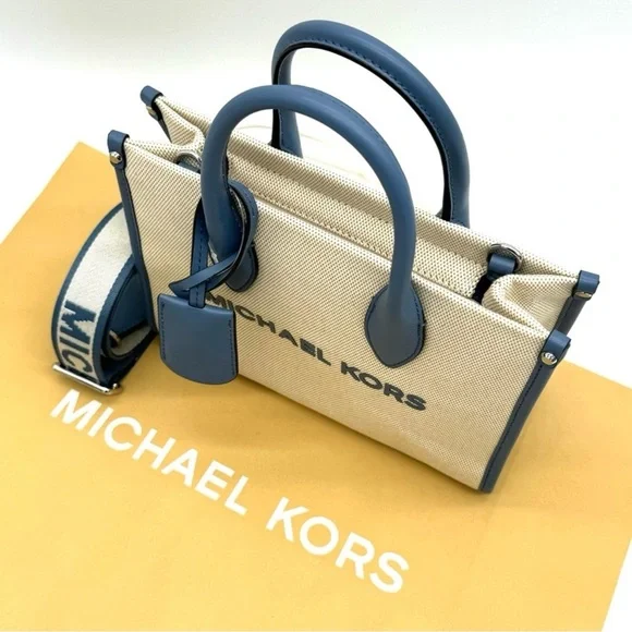 Michael Kors Mirella Small Pebbled LeatherCrossbody Bag Light Cream/Denim